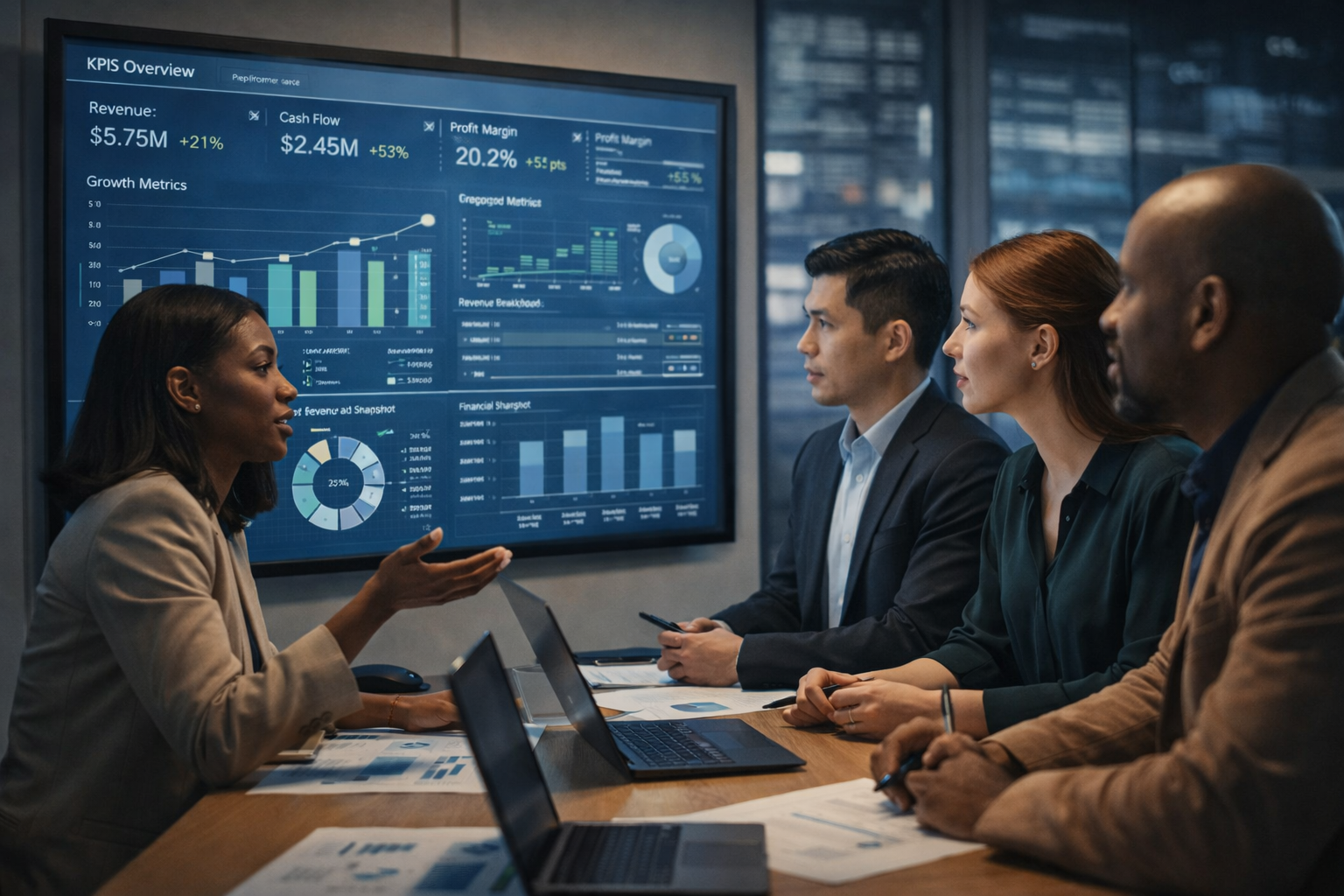 Executive team in a boardroom reviewing reports and growth decisions